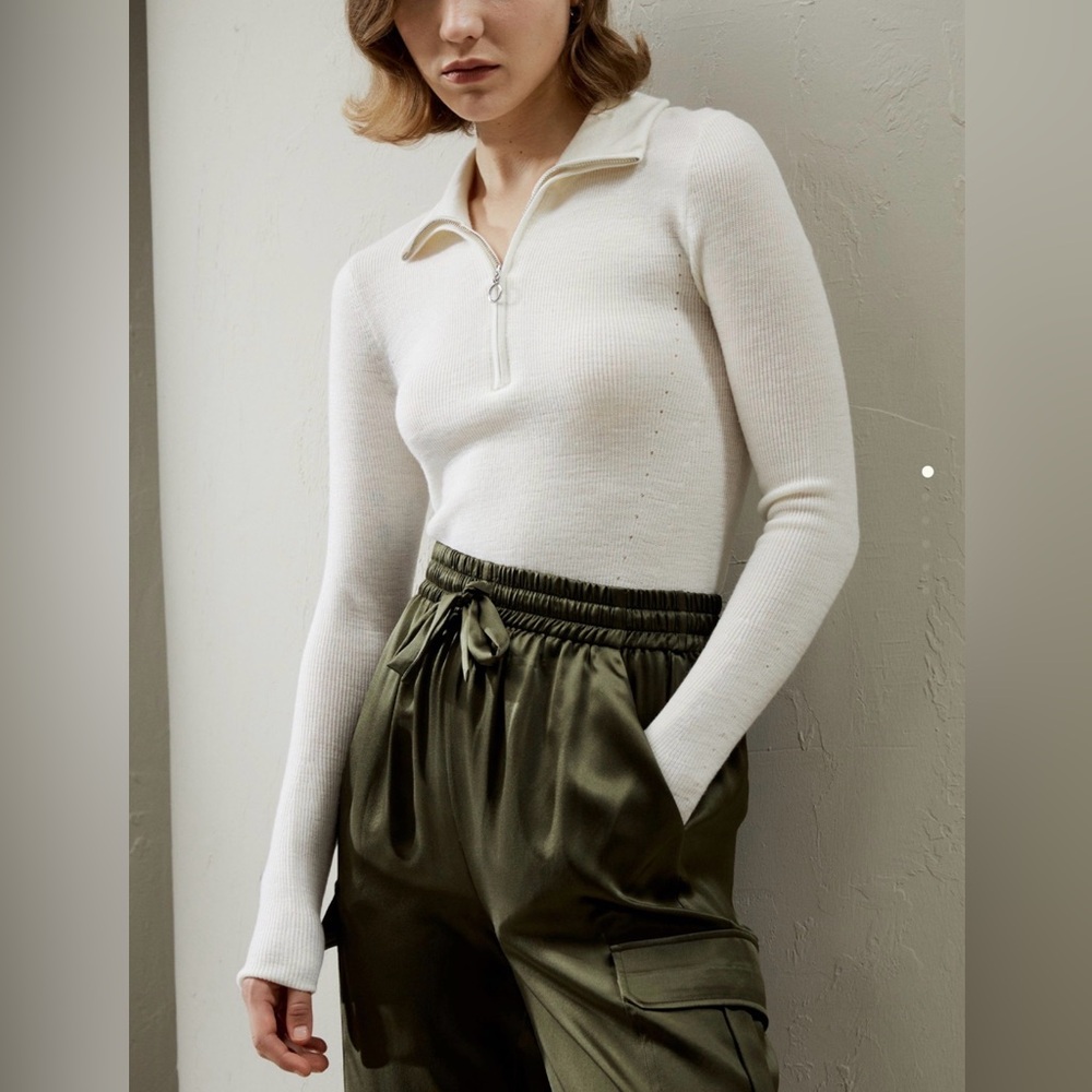 Lilysilk White Gaia Ribbed Half Zip Pullover Sweater Ultra Fine Merino Wool